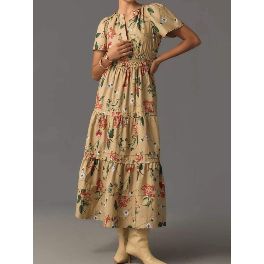 Anthropologie Floral Smocked Waist Tiered Cotton Midi Dress Tan Small Beachy